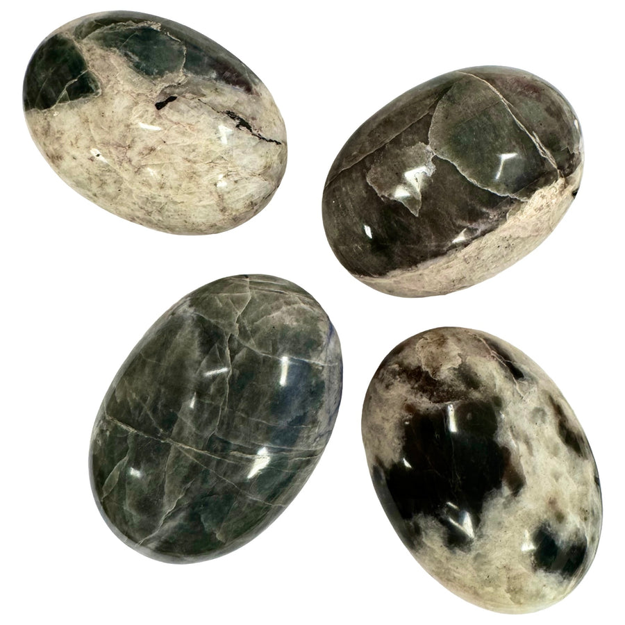 GeoFossils Polarity Moonstone Palmstones with Chromium-rich Clinochlore – intuitively picked crystal from Bay of Bengal for harmony, intuition, and renewal.