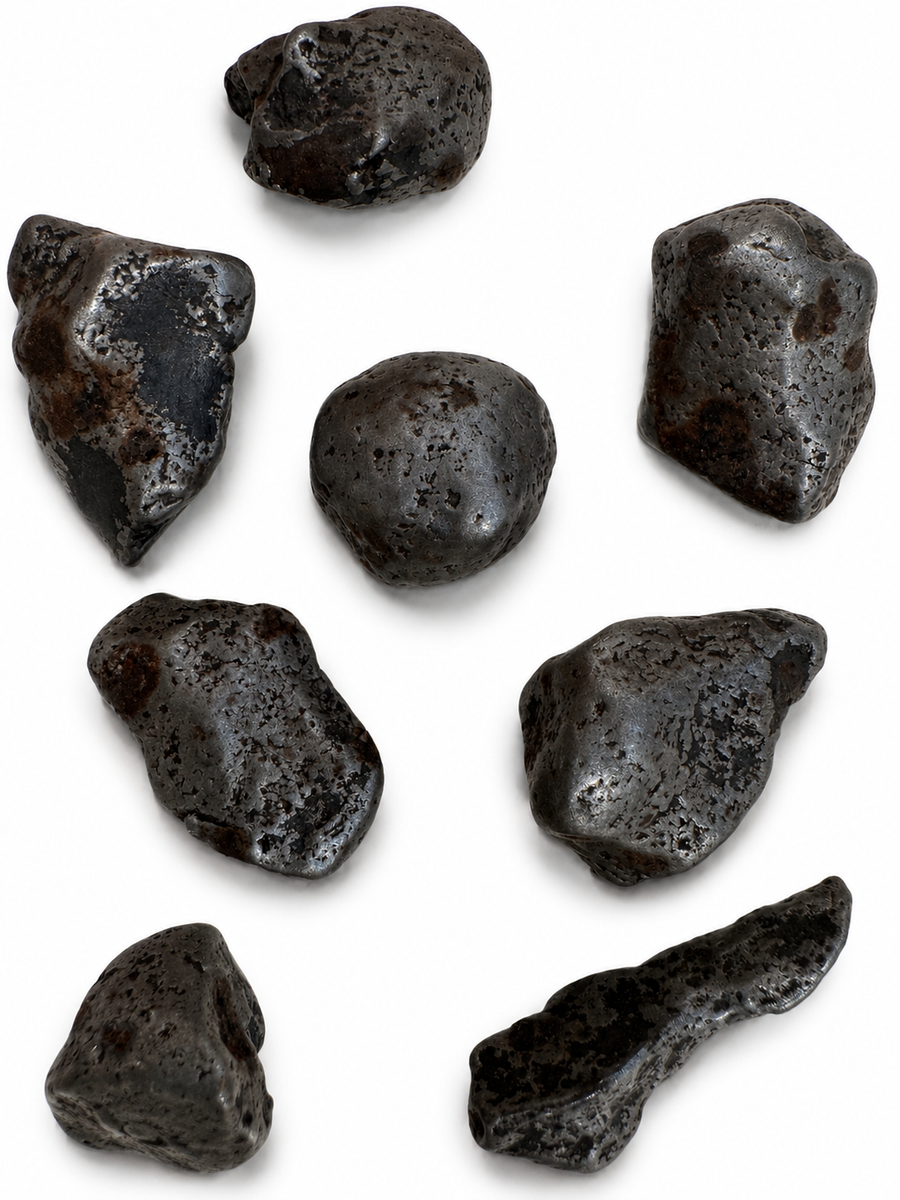 Polished Mundrabilla Iron Meteorite collection showing eight exact polished meteorite specimens from Western Australia on a white background.