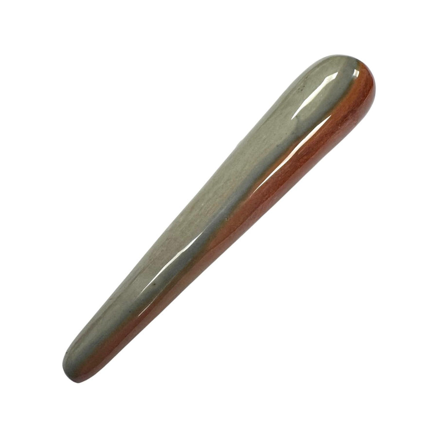 Polished Polychrome Jasper crystal massage wand featuring swirling earthy tones of red, beige, brown, and grey, with a smooth cylindrical body and rounded ends, ideal for grounding massage, vitality work, and emotional stability