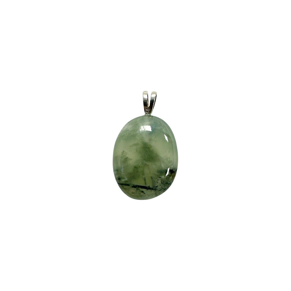 GeoFossils Prehnite Sterling Silver Pendant – South African green prehnite crystal in sterling silver setting – healing and intuition jewellery – handmade in the UK.