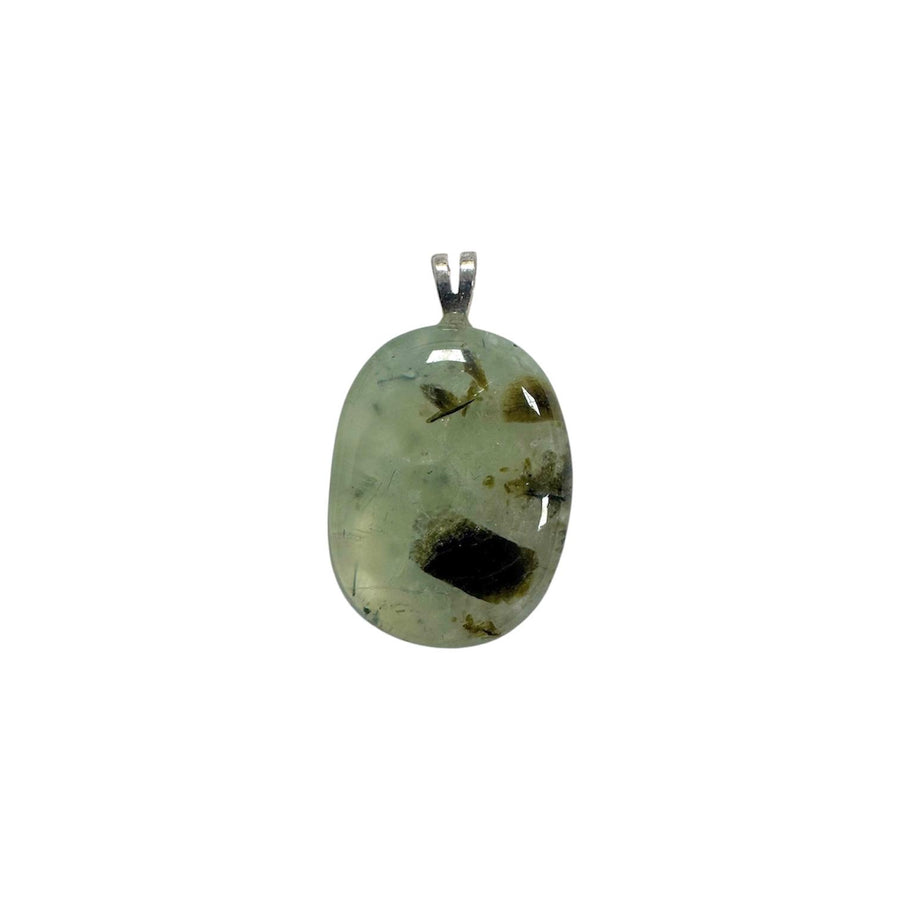 GeoFossils Prehnite Sterling Silver Pendant – South African green prehnite crystal in sterling silver setting – healing and intuition jewellery – handmade in the UK.
