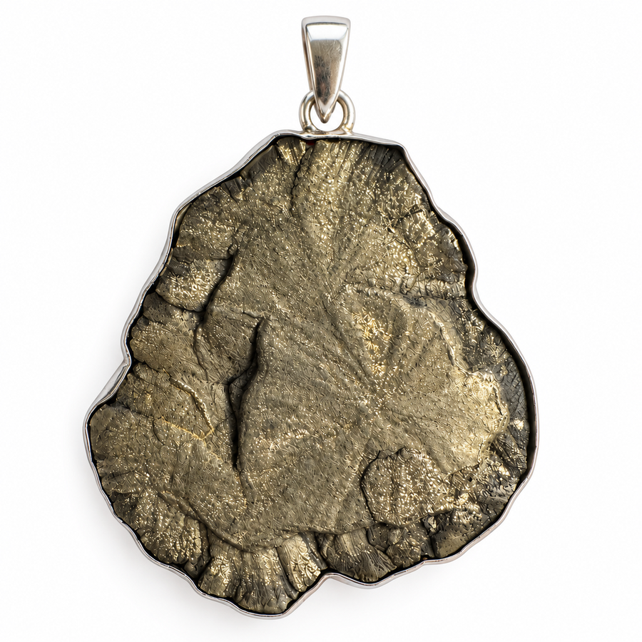 Natural Pyrite Sun pendant with metallic golden-grey surface, radial crystal texture and 925 sterling silver setting on a white background.