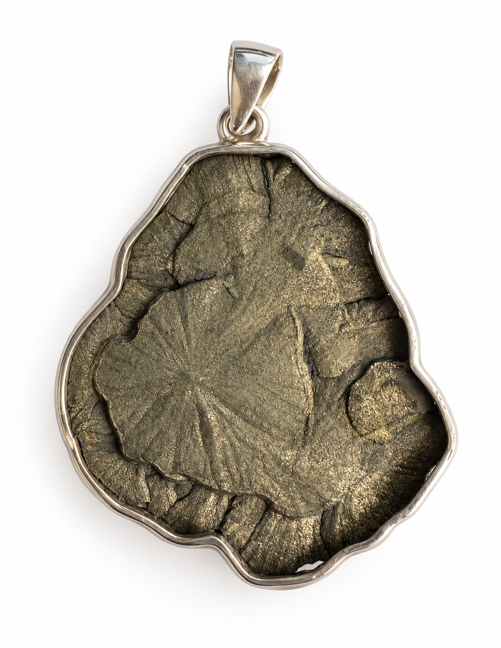 Reverse view of a natural Pyrite Sun pendant showing its distinctive metallic surface, irregular edges and polished sterling silver bezel.