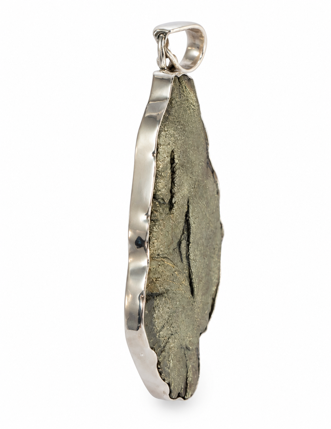 Side view of natural Pyrite Sun pendant highlighting the specimen thickness, textured mineral surface and 925 sterling silver setting.