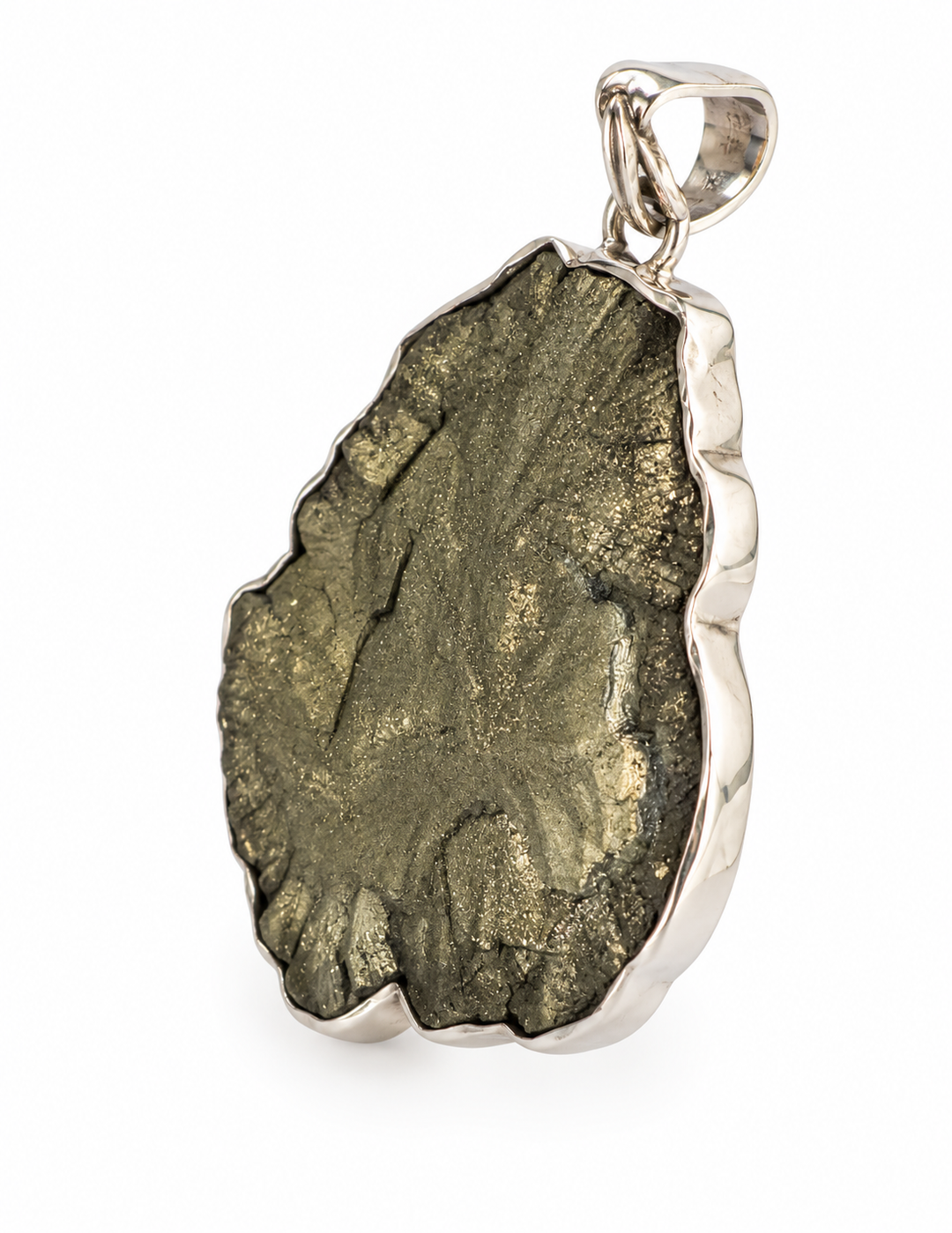 Close-up angled view of a natural Pyrite Sun pendant showing its metallic lustre, natural fissures and silver pendant bail.