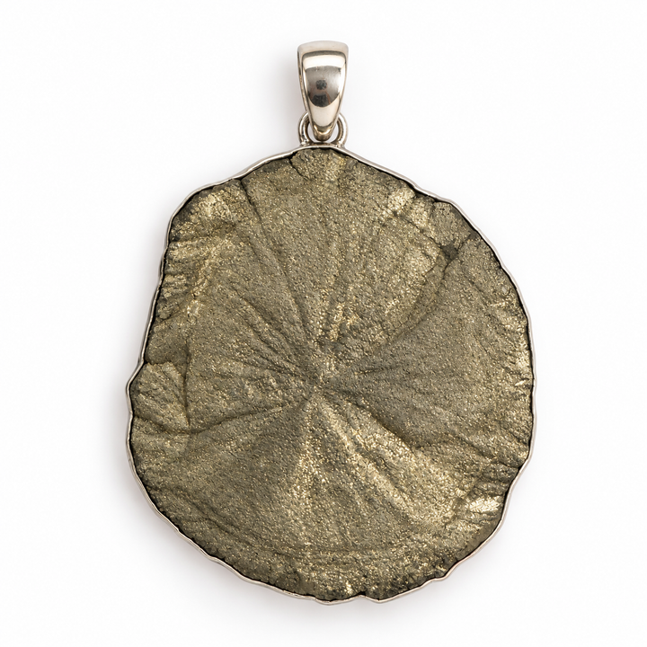 Natural Pyrite Sun pendant with a metallic golden-grey surface, subtle radial formations and an irregular 925 sterling silver bezel on white.