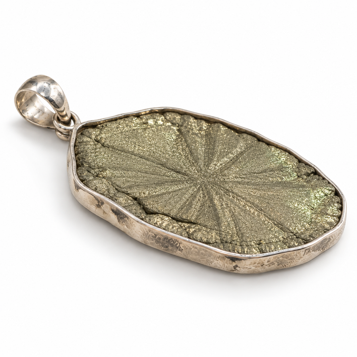 Angled side view of a natural Pyrite Sun pendant showing its textured metallic surface, silver bezel depth and polished pendant bail.