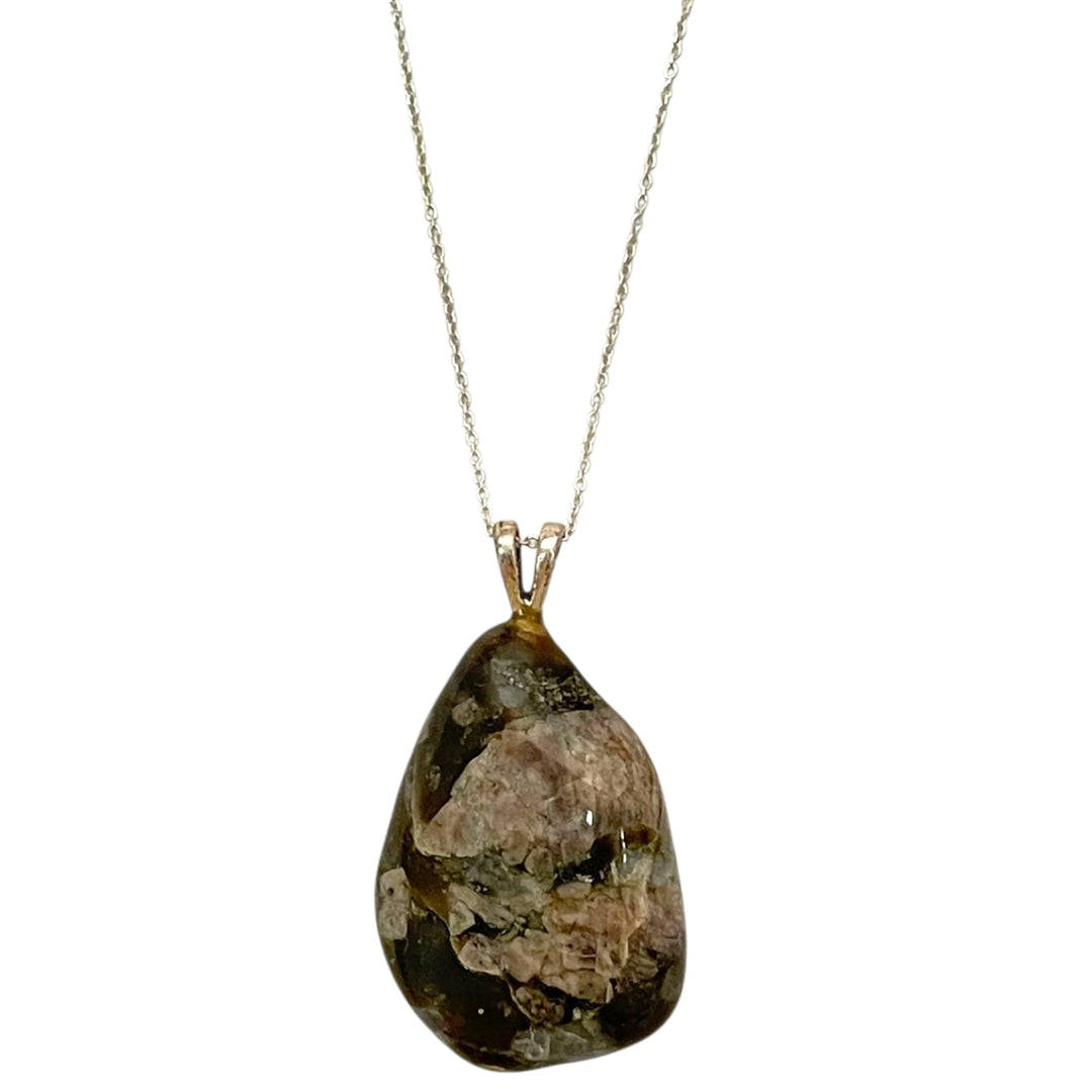 Que Sera pendant with blue, pink and grey tones set in hallmarked sterling silver – crystal necklace for empowerment, emotional balance and intuitive insight