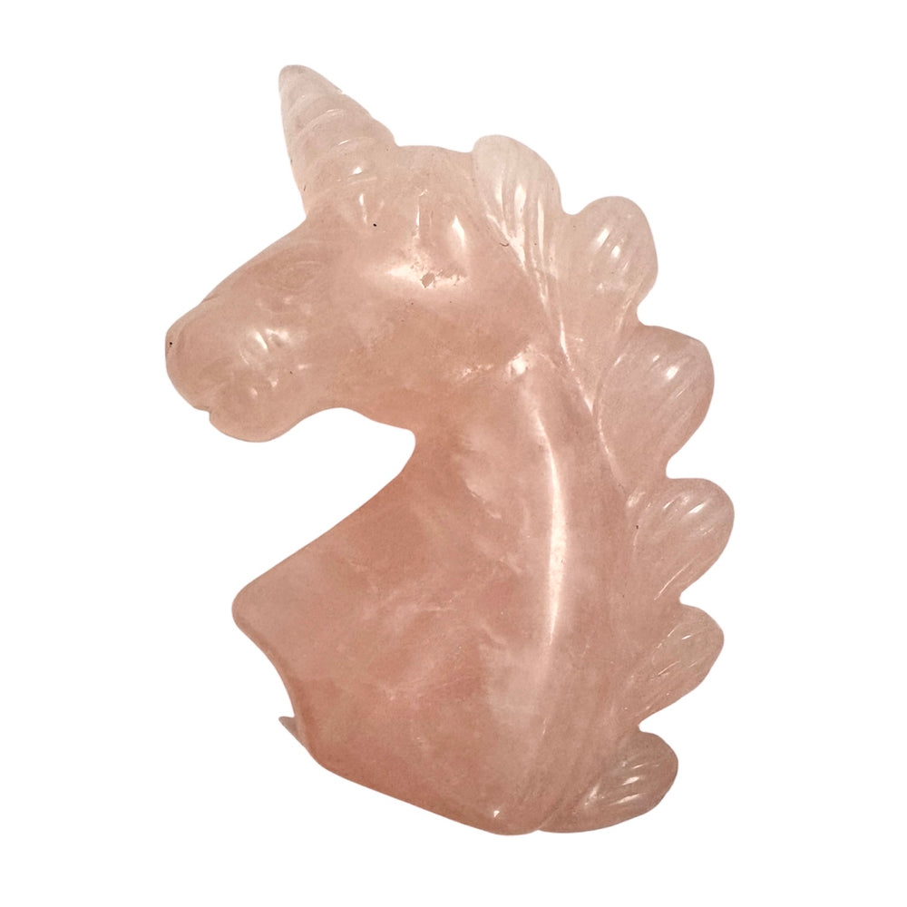 GeoFossils Rose Quartz Unicorn 48mm – Madagascan pink quartz carving in unicorn shape for love, compassion, and spiritual magic, hand-carved gemstone made in the UK.
