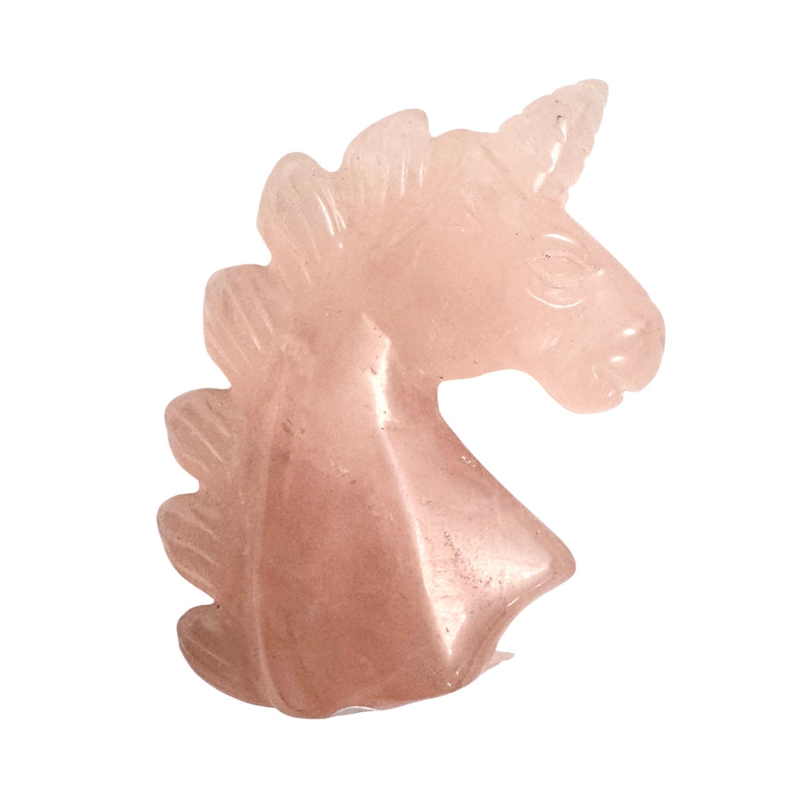 GeoFossils Rose Quartz Unicorn 48mm – Madagascan pink quartz carving in unicorn shape for love, compassion, and spiritual magic, hand-carved gemstone made in the UK.