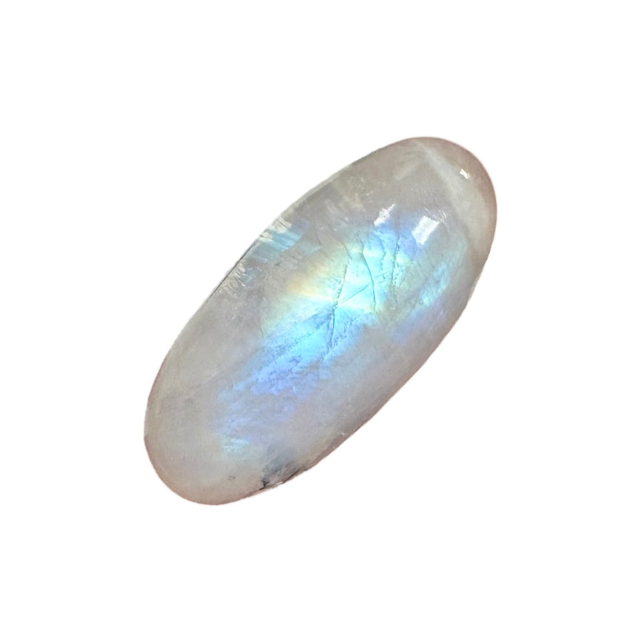 GeoFossils Rainbow Moonstone Shiva Lingham 25mm – intuitively picked, polished moonstone with blue flash for intuition, protection, and balance.