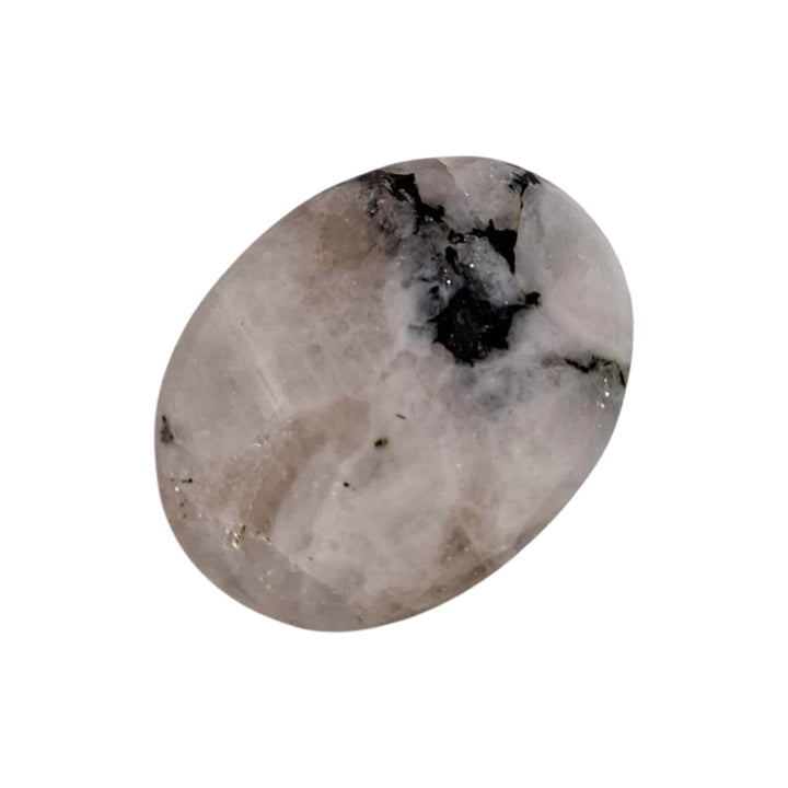 Rainbow Moonstone Worry Stone by GeoFossils – smooth, oval stone with a luminous, iridescent glow, perfect for enhancing intuition, emotional balance, and connecting with the Crown and Third Eye Chakras, associated with the Water element.