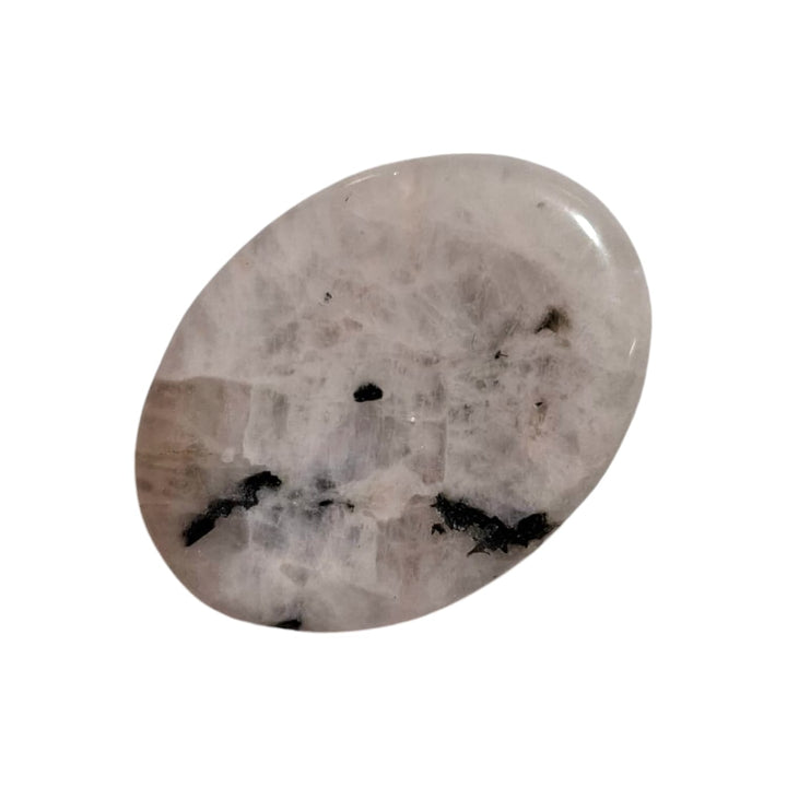 Rainbow Moonstone Worry Stone by GeoFossils – smooth, oval stone with a luminous, iridescent glow, perfect for enhancing intuition, emotional balance, and connecting with the Crown and Third Eye Chakras, associated with the Water element.