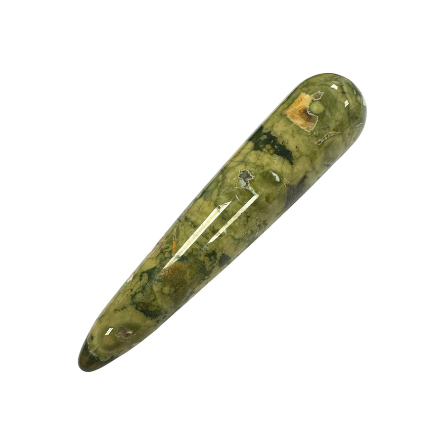 GeoFossils Smooth Rainforest Rhyolite Massage Wand – green, cream and brown crystal wand for grounding, renewal and emotional growth