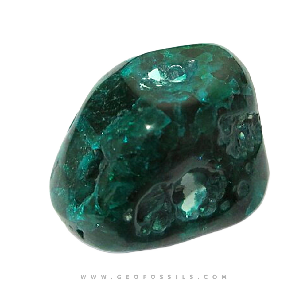 GeoFossils Dioptase Tumble Stones – group of polished deep green stones with rich emerald tones