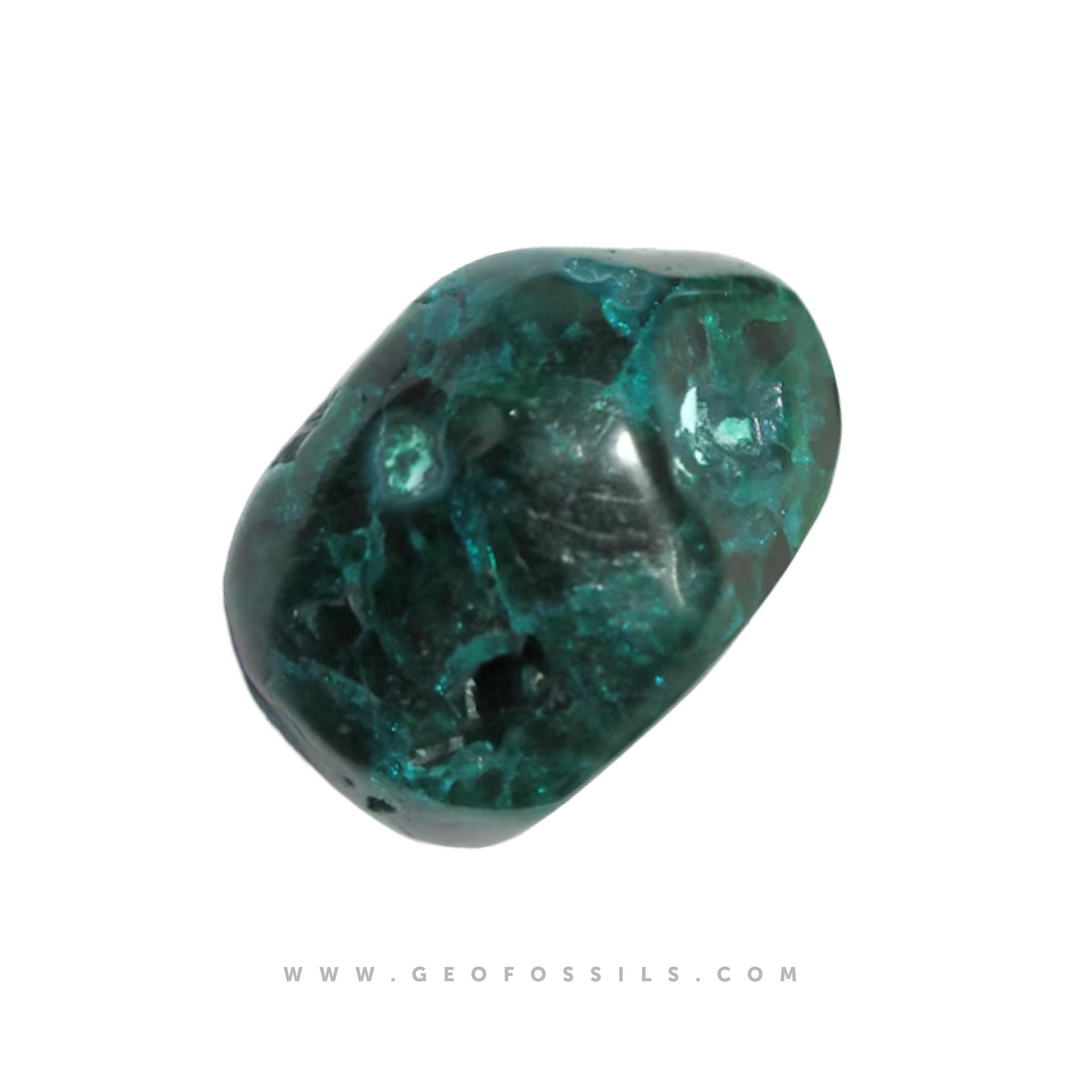 GeoFossils Dioptase Tumble Stone – close-up highlighting natural green  with pale inclusions of malachite variation and polish
