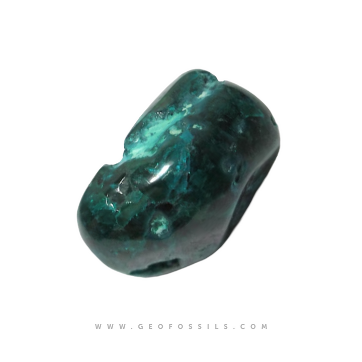 GeoFossils Dioptase Tumble Stone – close-up highlighting natural green variation with chrysocolla inclusion and polish