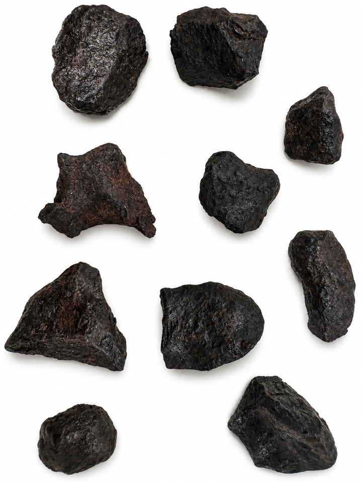 Raw Mundrabilla Iron Meteorite collection showing eight exact natural meteorite specimens from Western Australia on a white background.