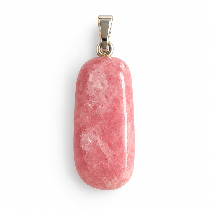 GeoFossils natural Rhodochrosite pendant front view, featuring an elongated polished rose-pink gemstone with soft white marbling and a 925 sterling silver bail.