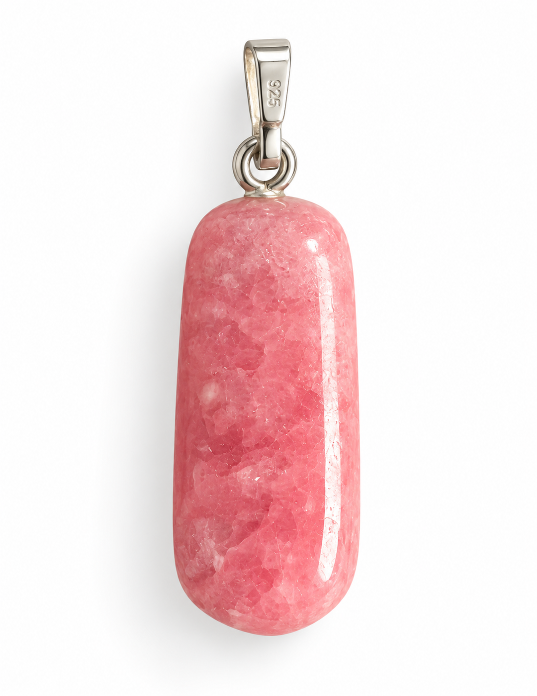 GeoFossils natural Rhodochrosite pendant reverse view, displaying rich pink colouring, delicate pale mineral patterns, a glossy polished finish and 925 sterling silver bail.