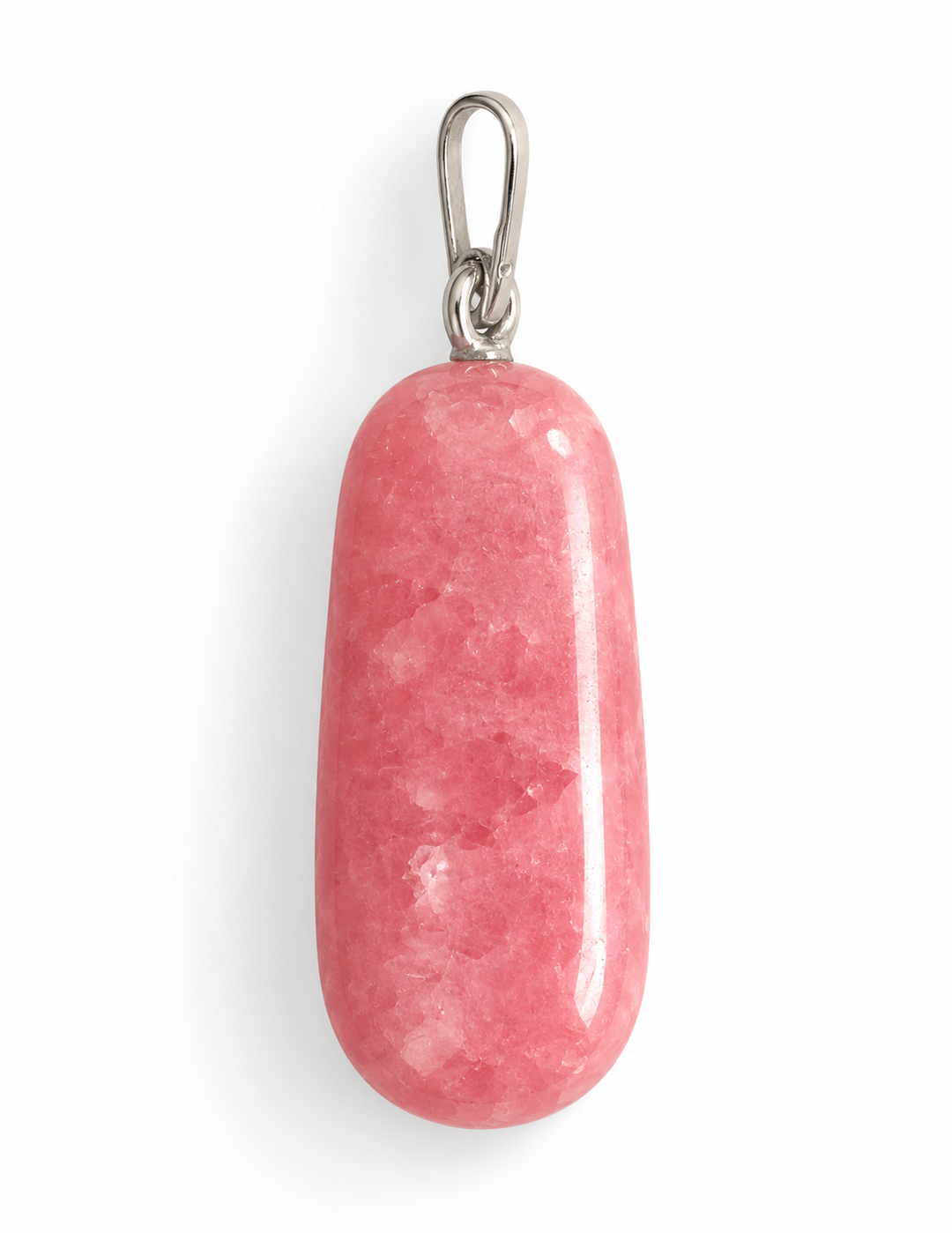 GeoFossils natural Rhodochrosite pendant side view, highlighting its elongated rounded gemstone shape, polished pink surface and slender 925 sterling silver bail.
