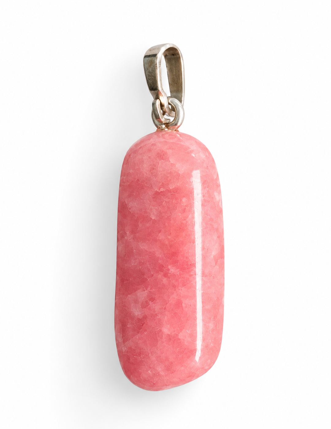 GeoFossils natural Rhodochrosite pendant photographed from the opposite side, showing pink and white natural mineral patterns, softly rounded edges and silver bail.