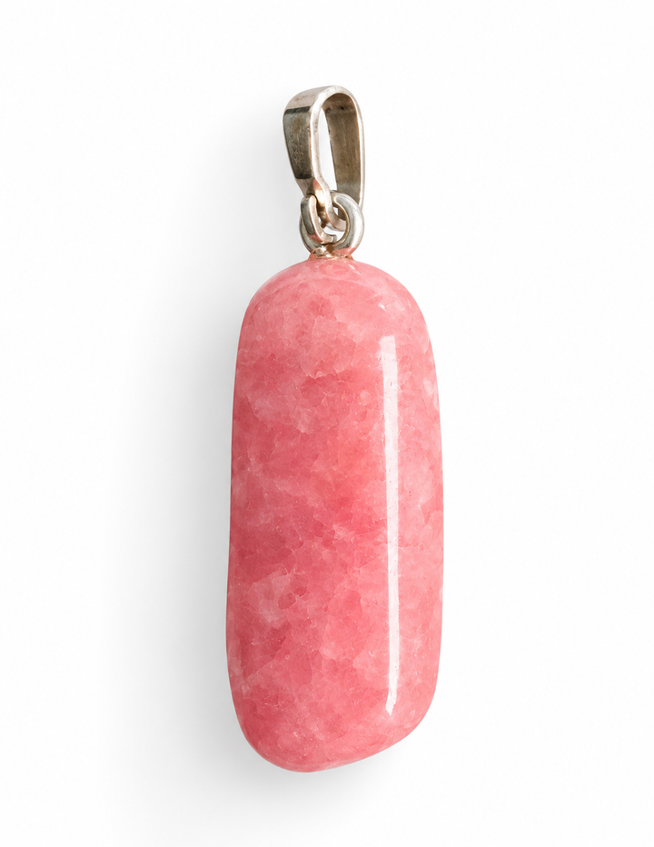 GeoFossils natural Rhodochrosite pendant photographed from the opposite side, showing pink and white natural mineral patterns, softly rounded edges and silver bail.