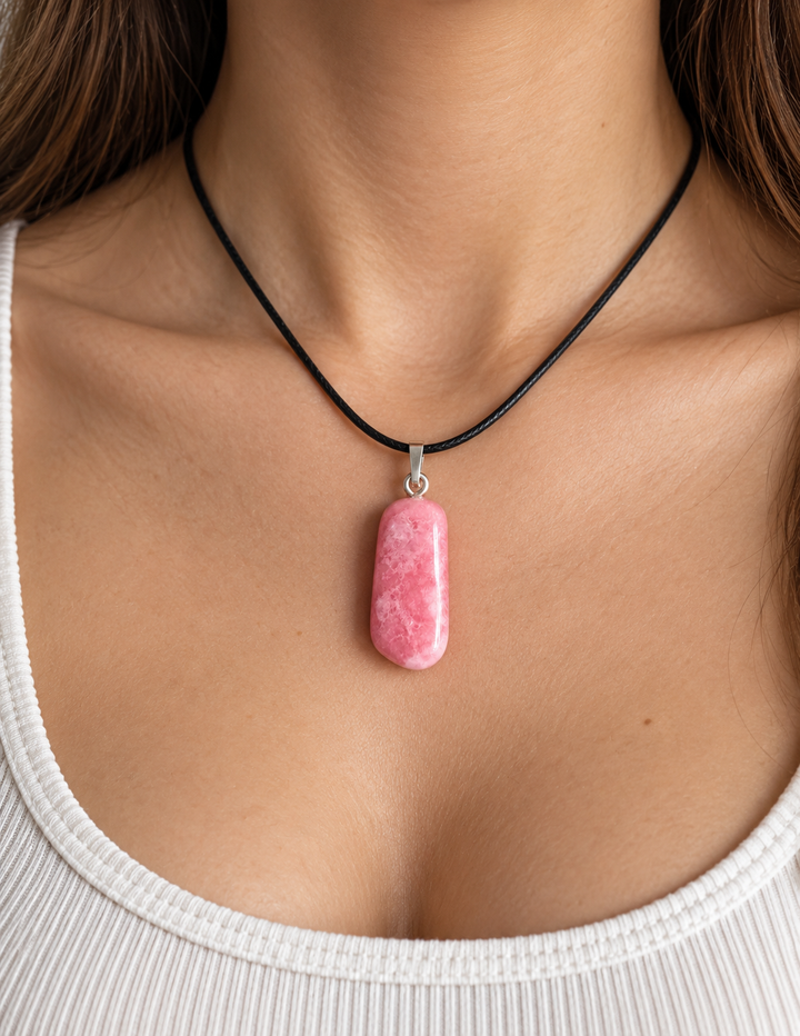 GeoFossils natural Rhodochrosite pendant styled on a model, showcasing the elongated rose-pink gemstone and 925 sterling silver bail as a delicate necklace.