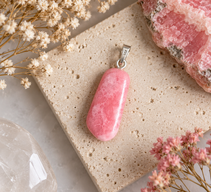 GeoFossils natural Rhodochrosite pendant styled on pale textured stone with delicate dried flowers and complementary pink minerals, highlighting its polished pink gemstone and silver bail.
