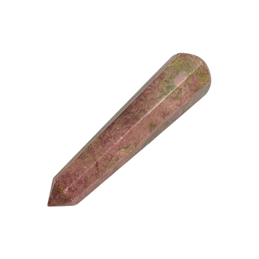 GeoFossils Smooth Rhodonite Massage Wand – pink and black polished crystal wand for emotional healing, forgiveness and heart chakra support