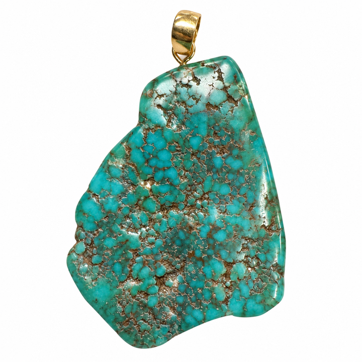 GeoFossils natural Royston Turquoise freeform pendant from Nevada, USA, featuring vibrant blue-green colouring, intricate grey-brown matrix and a polished gold-tone bail.