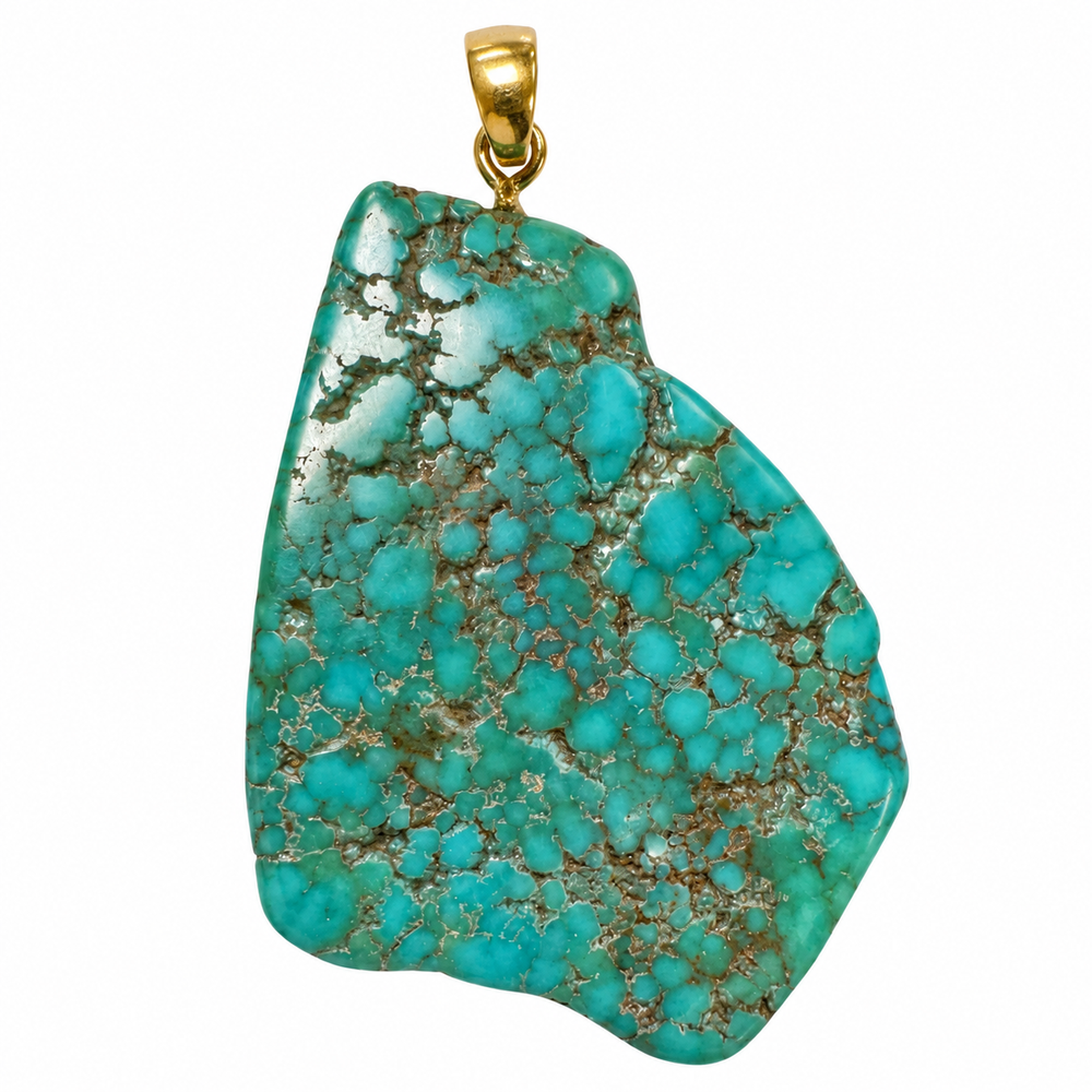 GeoFossils Royston Turquoise pendant showing the reverse side of the polished gemstone, with distinctive turquoise-blue and green tones, natural matrix patterns and a gold-tone bail.
