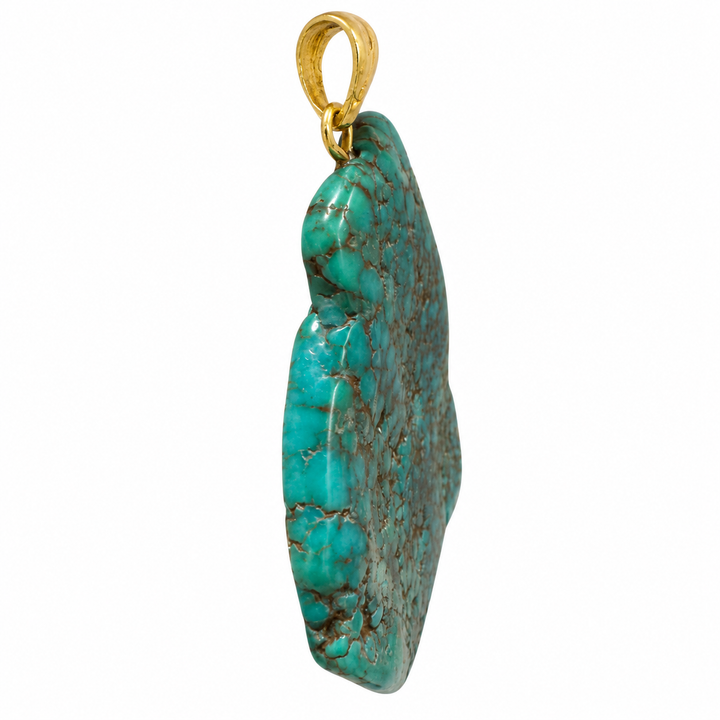 GeoFossils natural Royston Turquoise pendant photographed from the side against a white background, highlighting its polished thickness, rounded edges and gold-tone fitting.