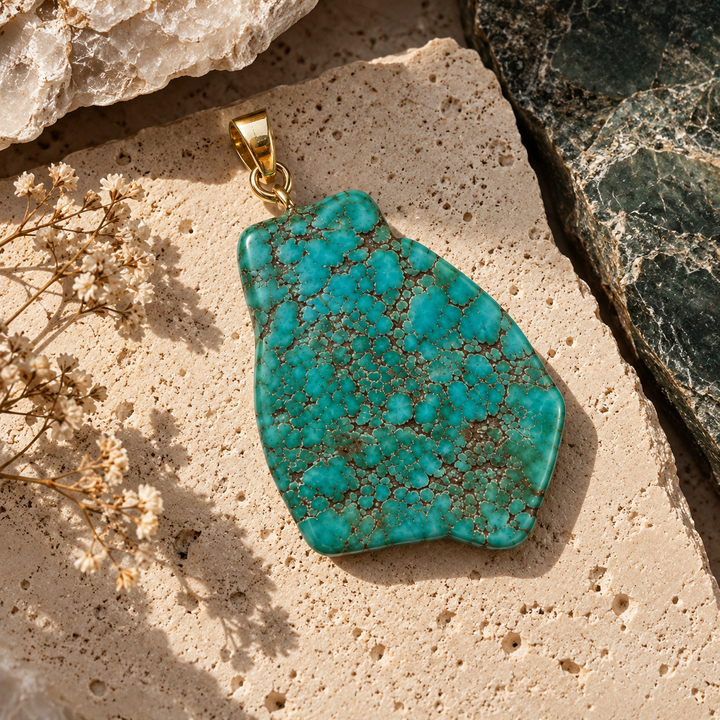 GeoFossils Royston Turquoise freeform pendant styled on natural beige travertine stone with delicate dried flowers, showcasing its intricate matrix, blue-green colouring and gold-tone bail.