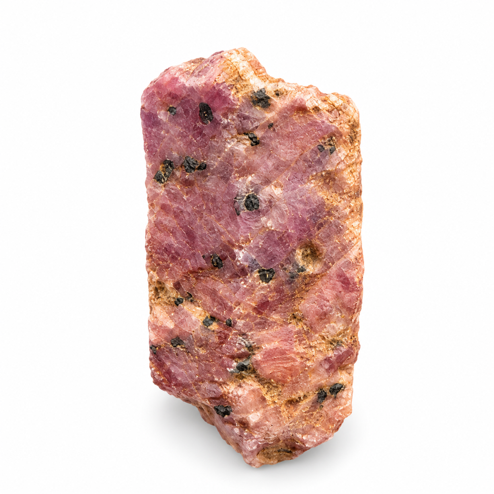 GeoFossils Ruby mineral specimen 206 showing its natural pink and reddish tones with a rough crystal surface on a white background.