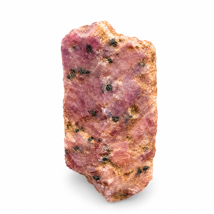 GeoFossils Ruby mineral specimen 206 showing its natural pink and reddish tones with a rough crystal surface on a white background.