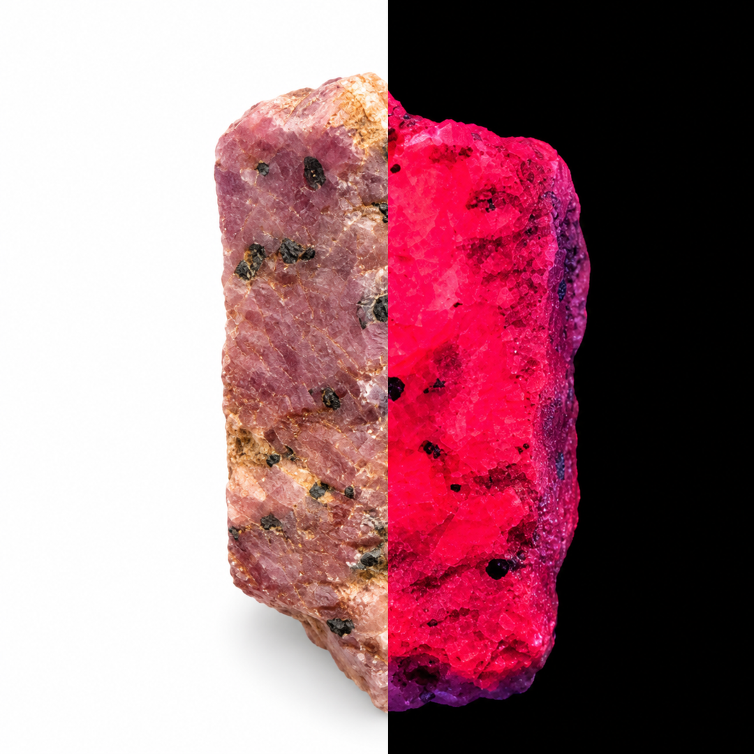 GeoFossils Ruby mineral specimen 206 shown in natural light and under UV illumination, comparing its natural colour with its red-pink fluorescence.
