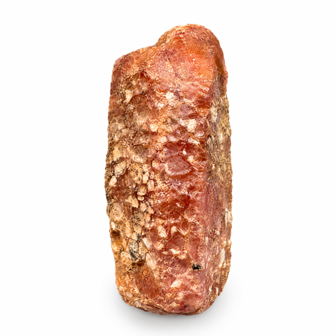 GeoFossils Ruby mineral specimen 207 showing its natural pink and reddish tones with a rough crystal surface on a white background.