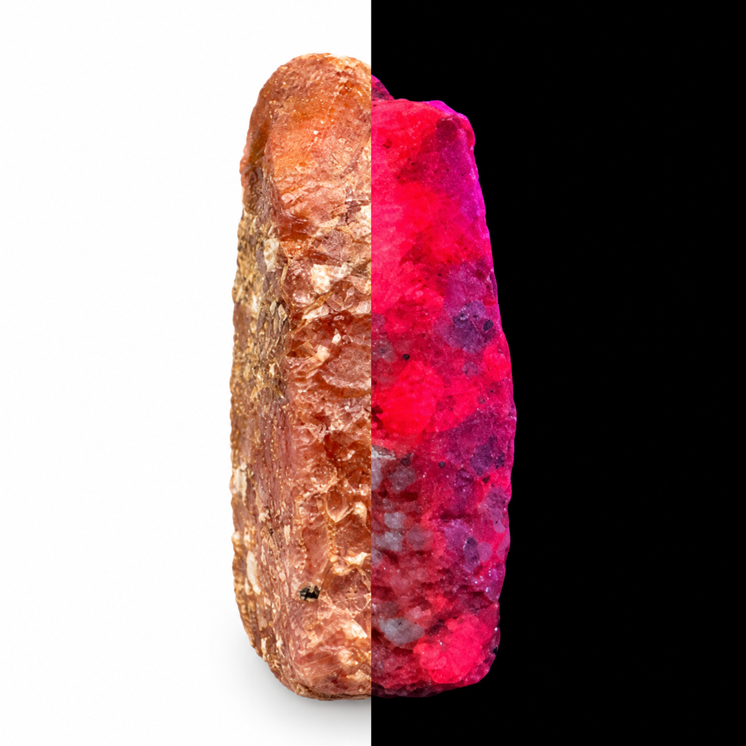 GeoFossils Ruby mineral specimen 207 shown in natural light and under UV illumination, comparing its natural colour with its red-pink fluorescence.