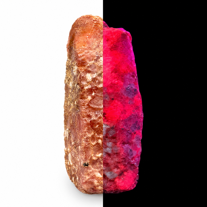 GeoFossils Ruby mineral specimen 207 shown in natural light and under UV illumination, comparing its natural colour with its red-pink fluorescence.