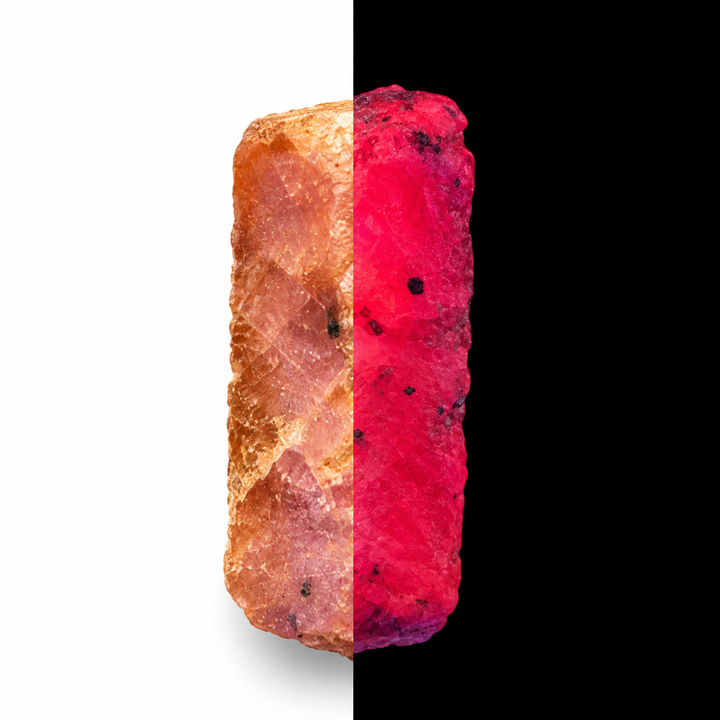 GeoFossils Ruby mineral specimen 208 shown in natural light and under UV illumination, comparing its natural colour with its red-pink fluorescence
