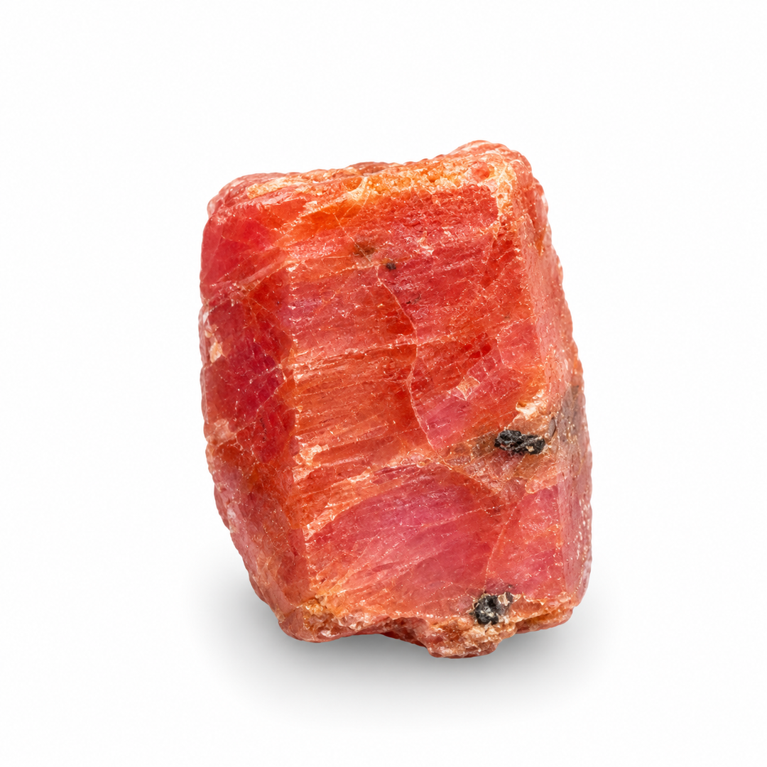 GeoFossils Ruby mineral specimen 209 showing its natural pink and reddish tones with a rough crystal surface on a white background.