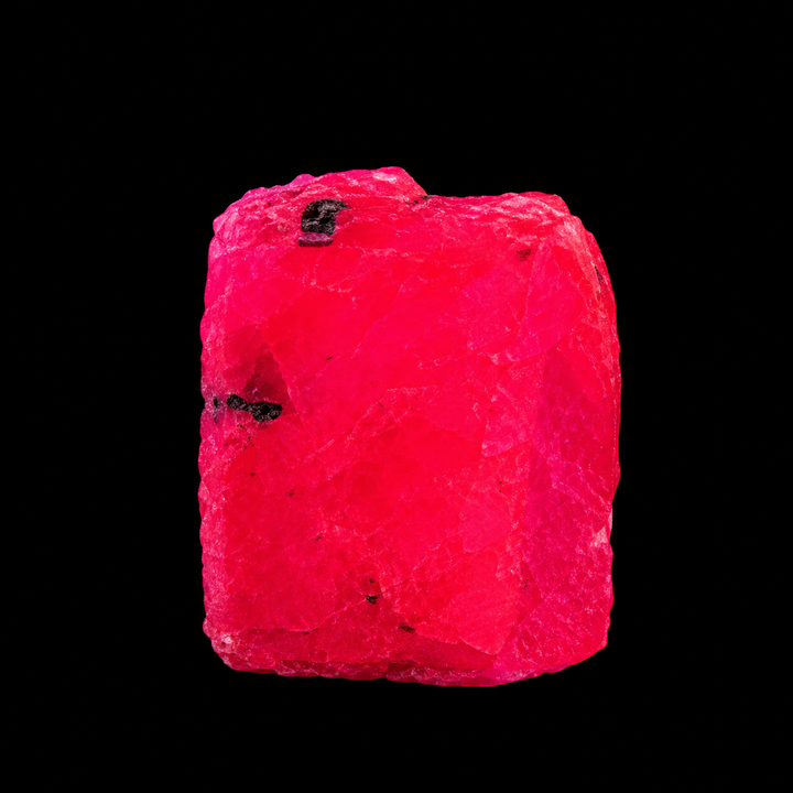 GeoFossils Ruby mineral specimen 209 displaying bright red-pink fluorescence under UV light against a black background.
