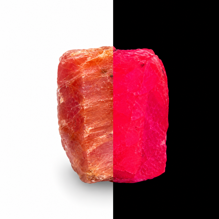GeoFossils Ruby mineral specimen 209 shown in natural light and under UV illumination, comparing its natural colour with its red-pink fluorescence.