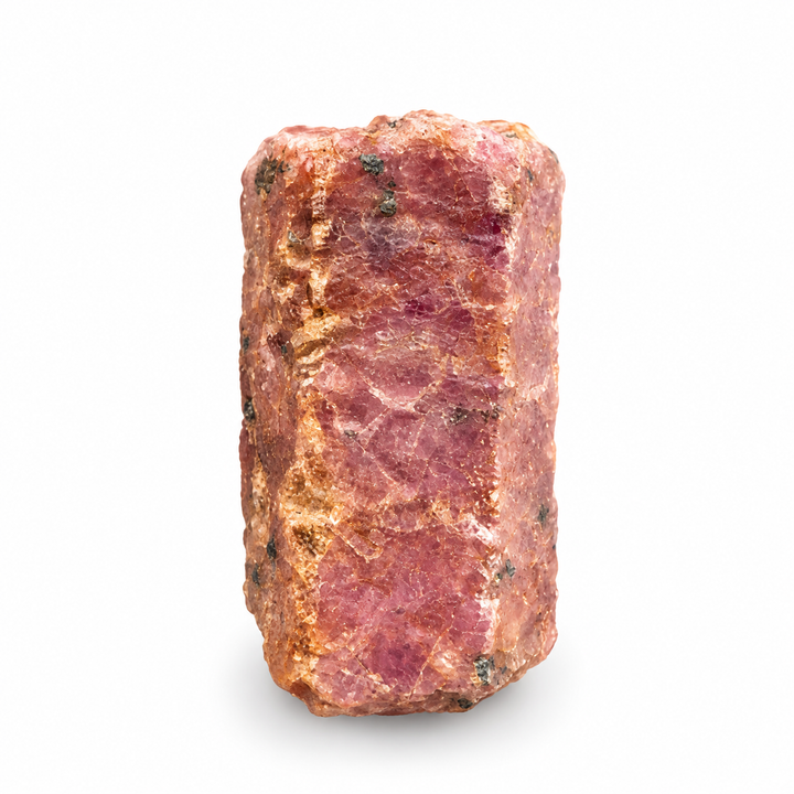 GeoFossils Ruby mineral specimen 210 showing its natural pink and reddish tones with a rough crystal surface on a white background.