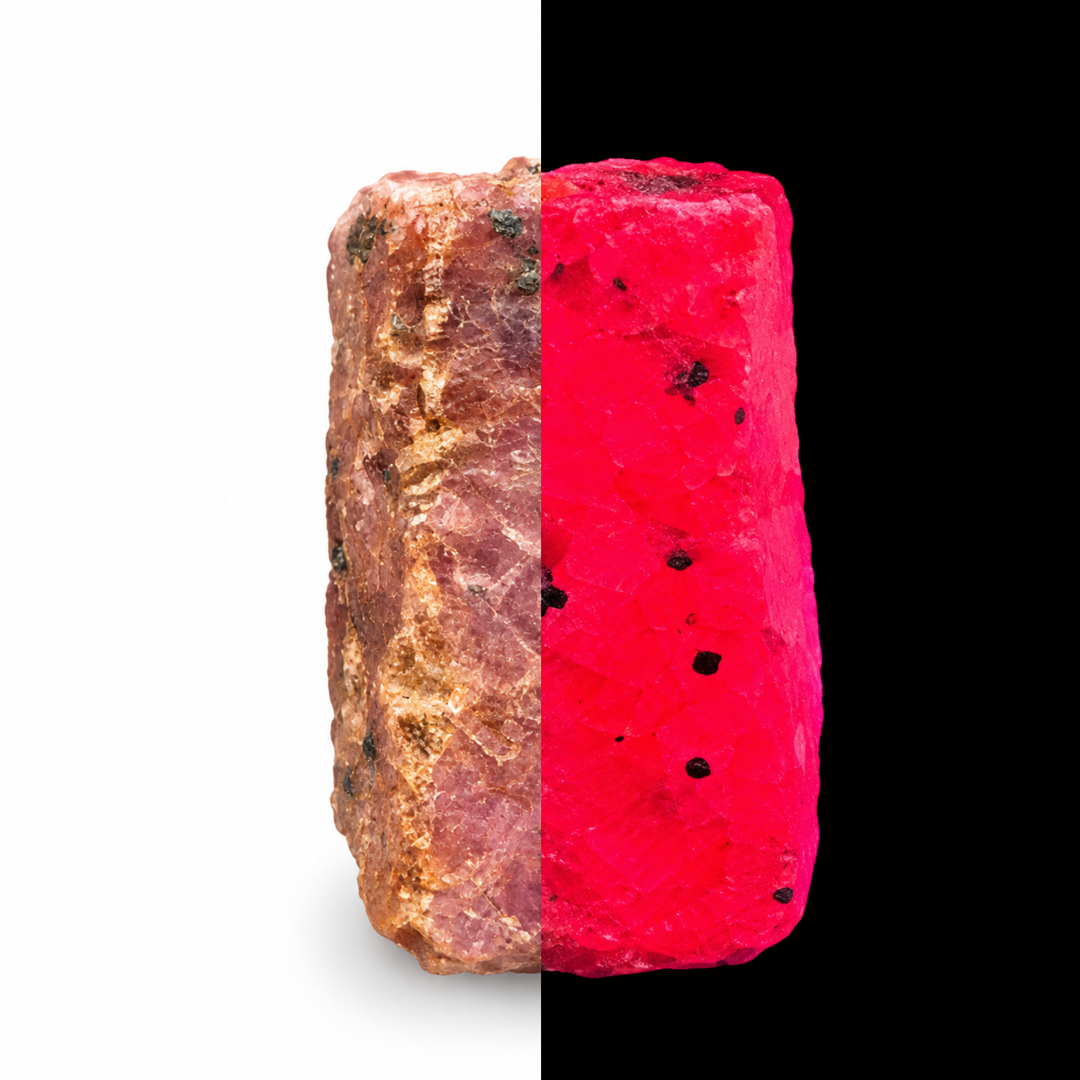 GeoFossils Ruby mineral specimen 210 shown in natural light and under UV illumination, comparing its natural colour with its red-pink fluorescence.