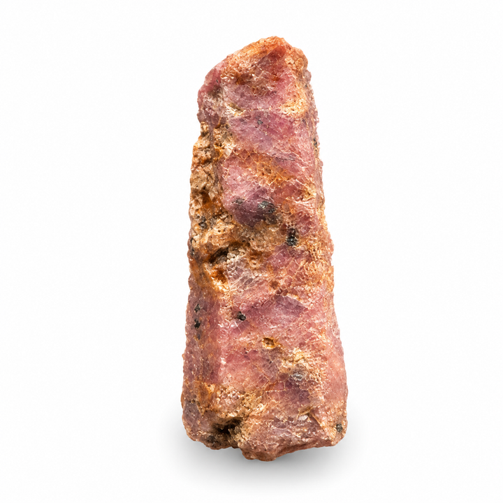 GeoFossils Ruby mineral specimen 211 showing its natural pink and reddish tones with a rough crystal surface on a white background.