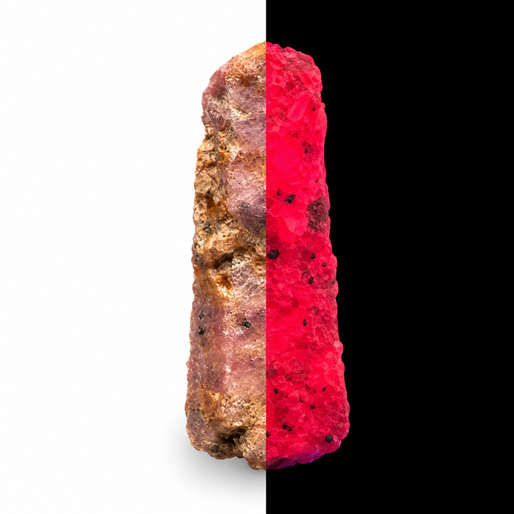 GeoFossils Ruby mineral specimen 211 shown in natural light and under UV illumination, comparing its natural colour with its red-pink fluorescence.