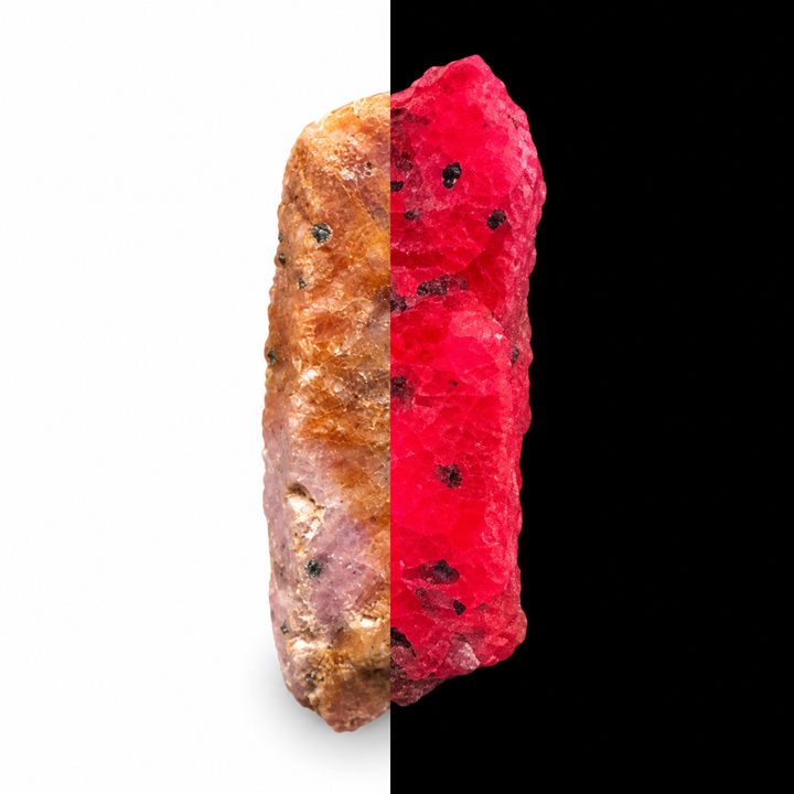 GeoFossils Ruby mineral specimen 212 shown in natural light and under UV illumination, comparing its natural colour with its red-pink fluorescence.