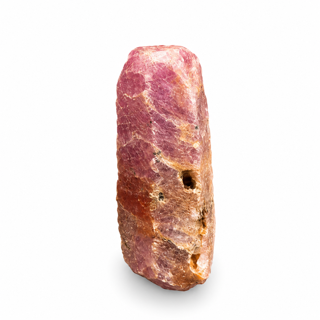 GeoFossils Ruby mineral specimen 213 showing its natural pink and reddish tones with a rough crystal surface on a white background.
